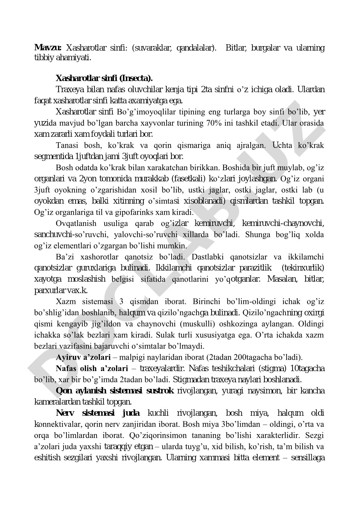 Xasharotlar sinfi: (suvaraklar, qandalalar). Bitlar, burgalar va ularning tibbiy ahamiyati