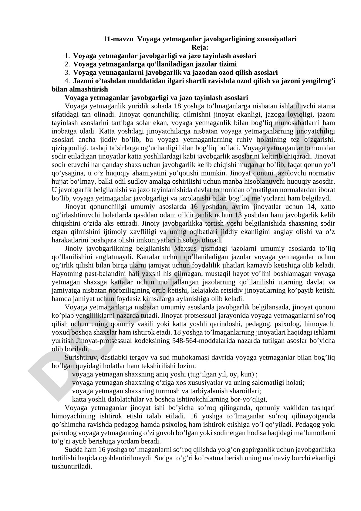 Voyaga yetmaganlar javobgarligining xususiyatlari