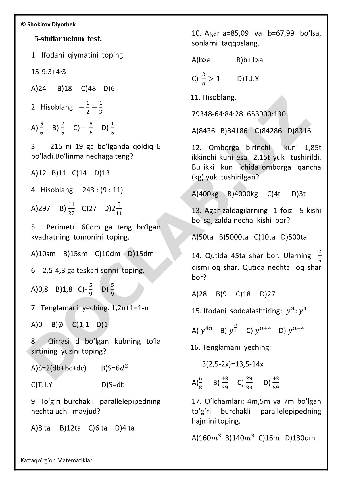 5-sinf matematika testi