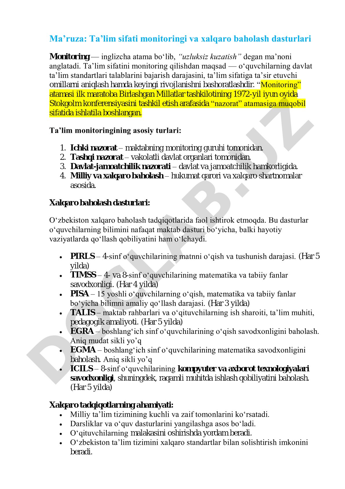 Ta’lim sifati monitoringi va xalqaro baholash dasturlari