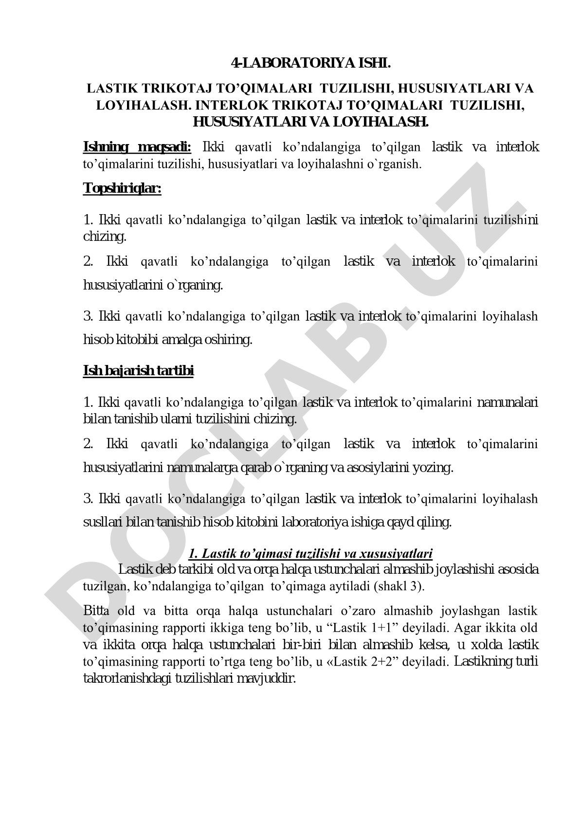 Lastik va interlok trikotaj to'qimalari tuzilishi, hususiyatlari va loyihalash