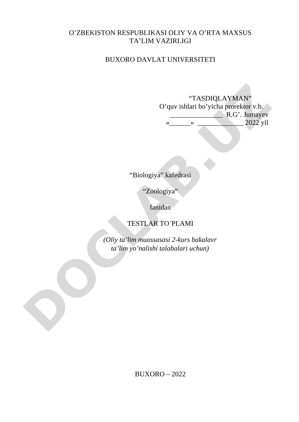 Zoologiya fanidan testlar to'plami