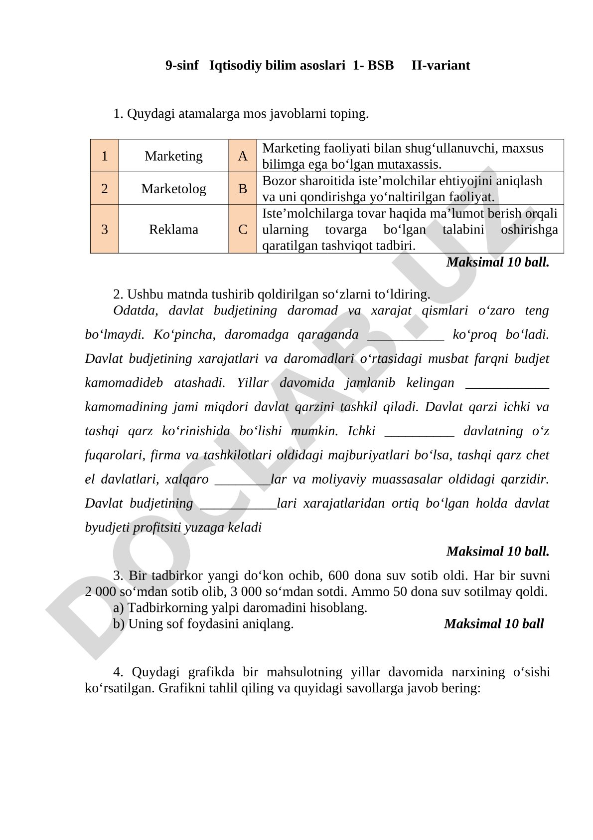 9-sinf Iqtisodiy bilim asoslari 1-bsb II-variant