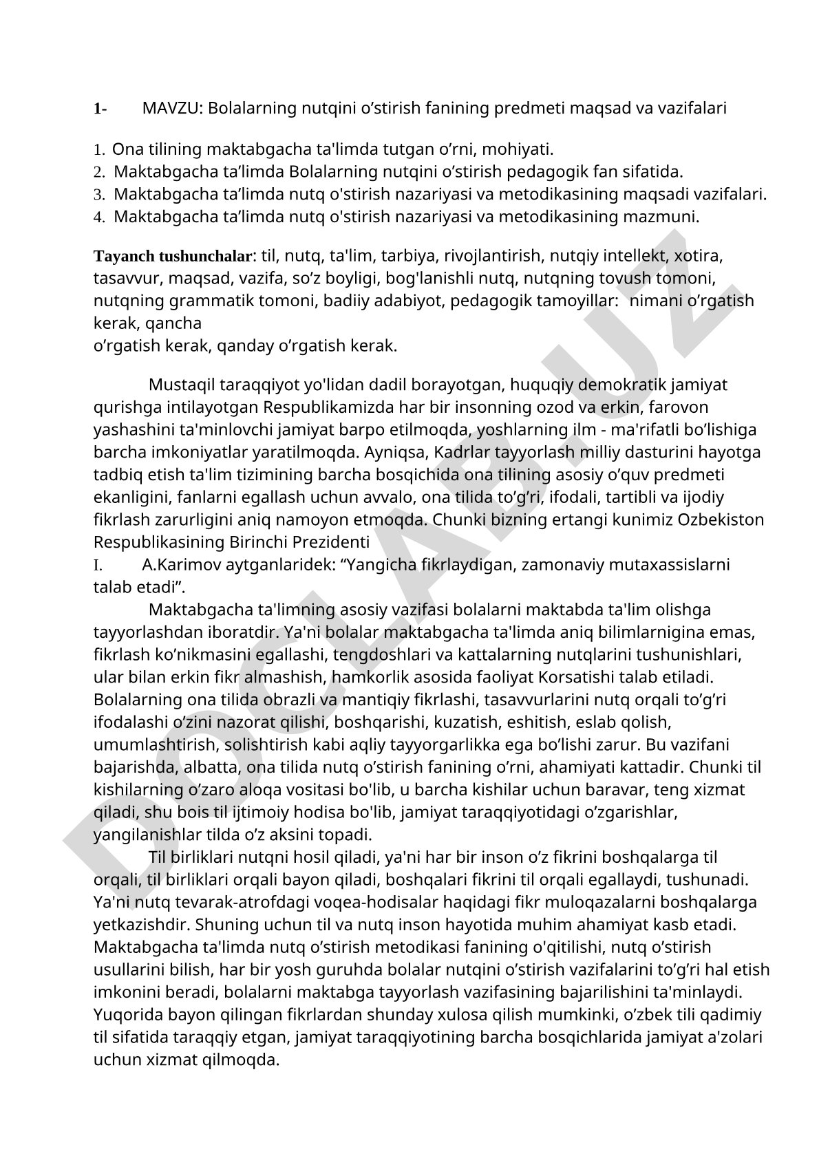Bolalarning nutqini o'stirish fanining predmeti, maqsadi va vazifalari