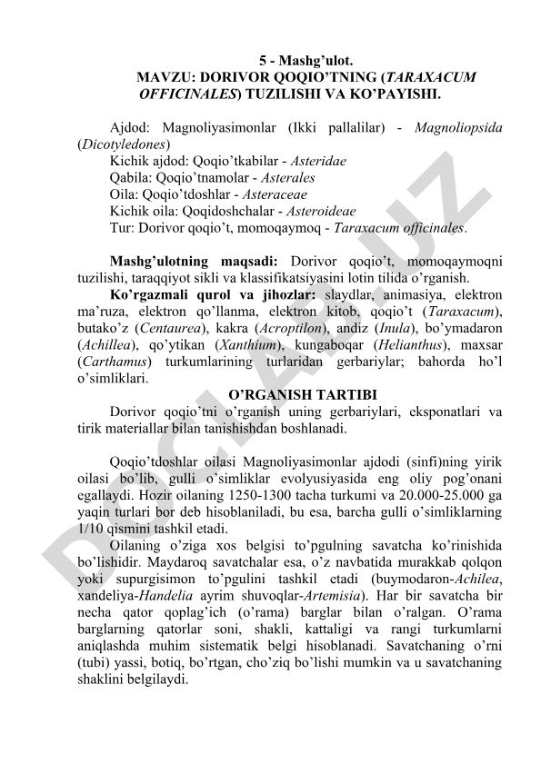 Dorivor qoqio'tning (Taraxacum officinales) tuzilishi va ko'payishi