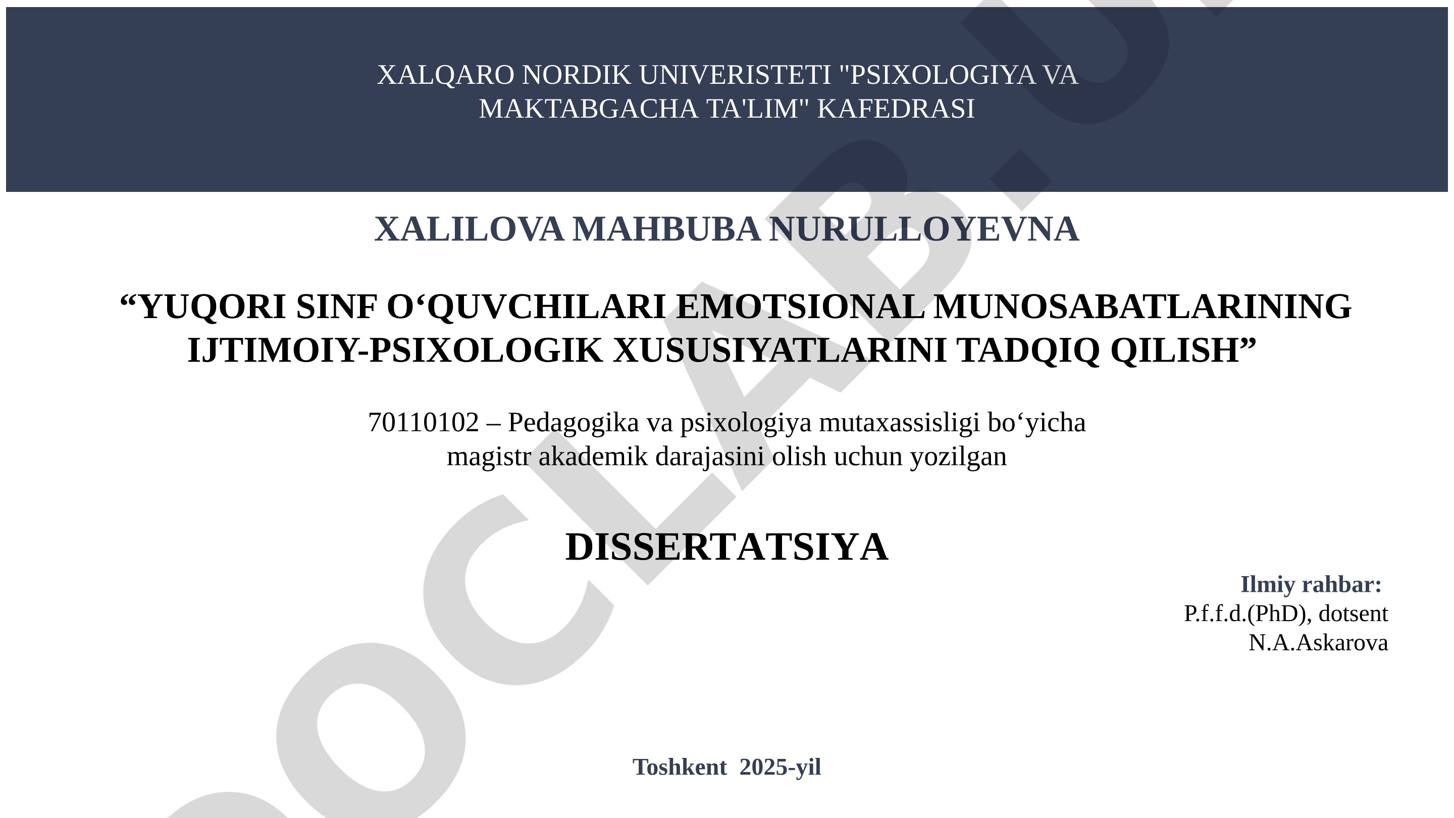 Yuqori sinf oʻquvchilari emotsional munosabatlarining ijtimoiy-psixologik xususiyatlarini tadqiq qilish