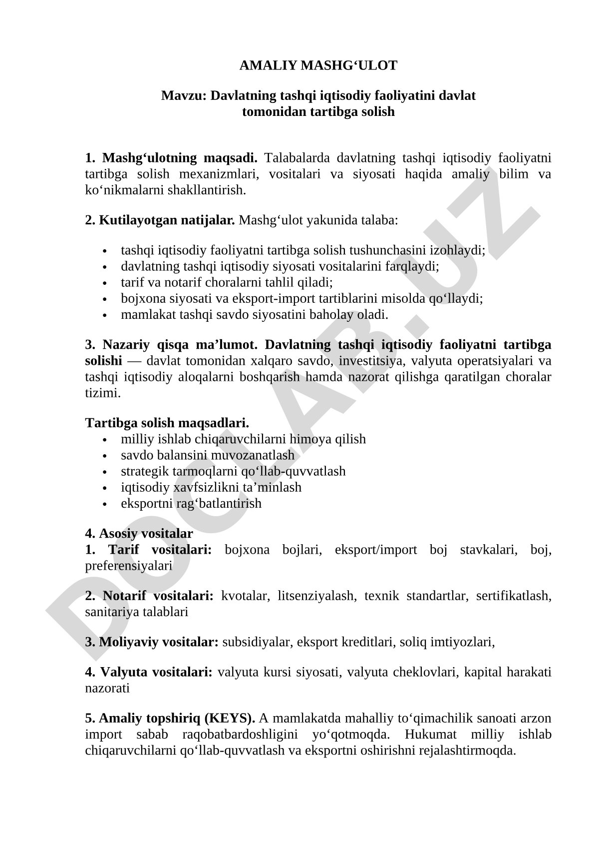 Davlatning tashqi iqtisodiy faoliyatini davlat tomonidan tartibga solish