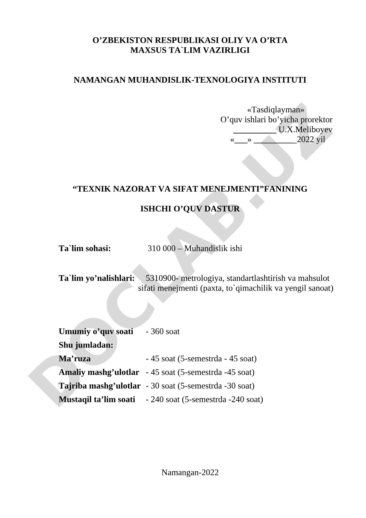 Texnik nazorat va sifat menejmenti fanining ishchi o'quv dastur