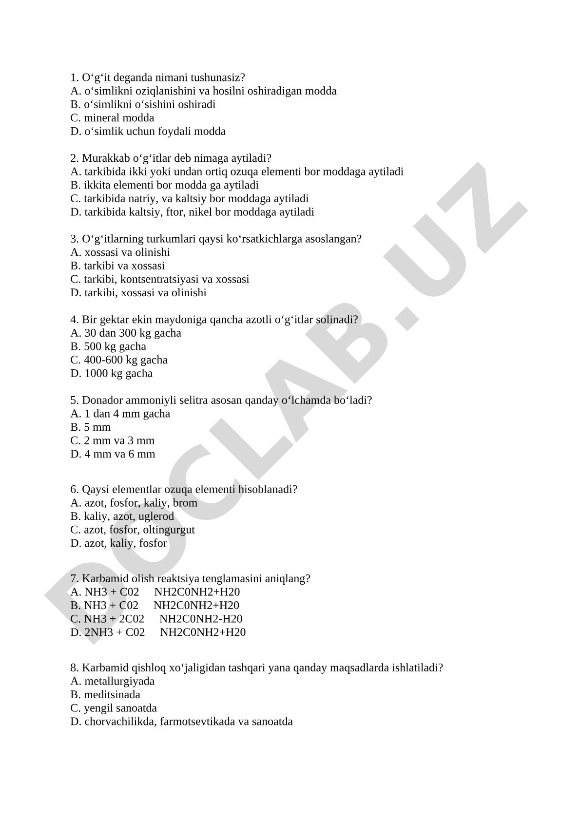 O'g'itlar bo'yicha test savollari