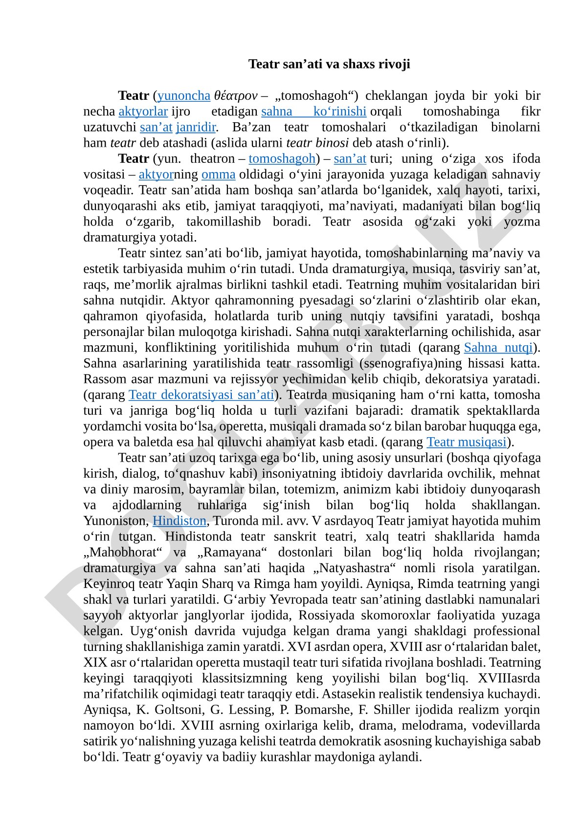Teatr san’ati va shaxs rivoji