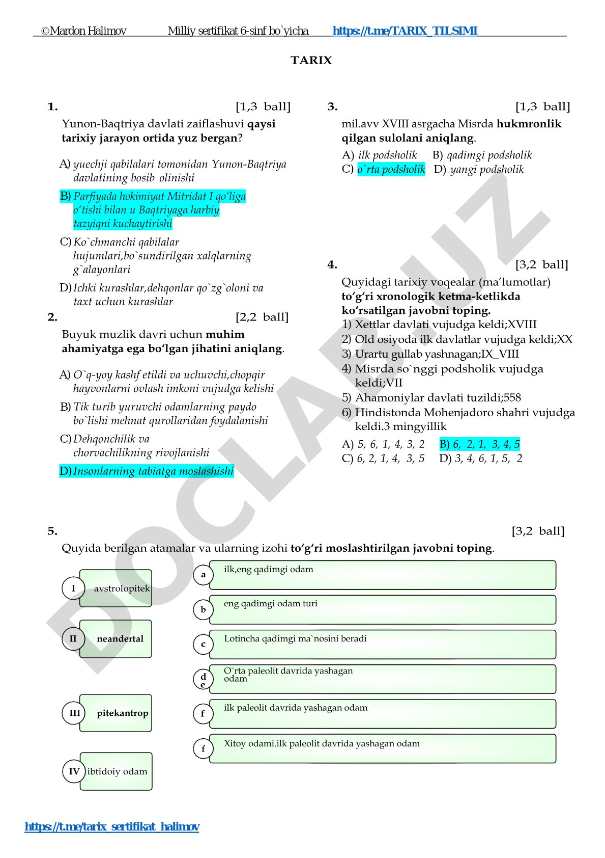 6-sinf tarix fanidan milliy sertifikat testi