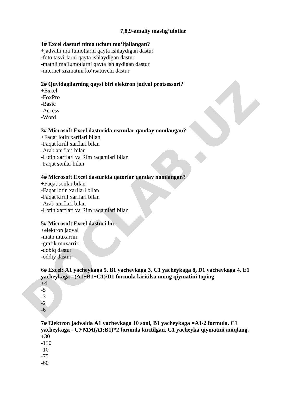 Excel dasturi bo'yicha test savollari