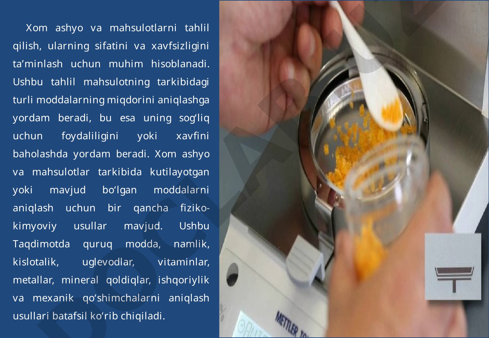 Xom Ashyo va Mahsulotlar Tarkibidagi Quruq Modda, Namlik, Kislotalik, Uglevodlar, Vitaminlar, Metallar, Mineral Qoldiqlari, Ishqoriylik va Mexanik Qo‘shimchalarini Aniqlash Usullari