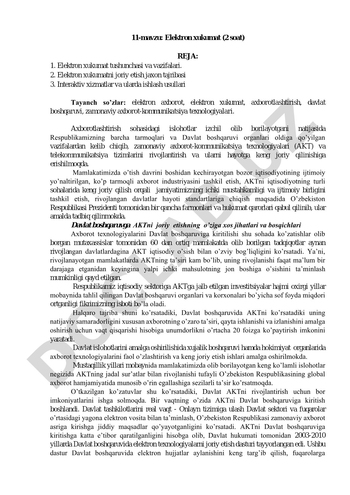 Elektron hukumat tushunchasi, jahon tajribasi va interaktiv xizmatlar haqida ma'ruza