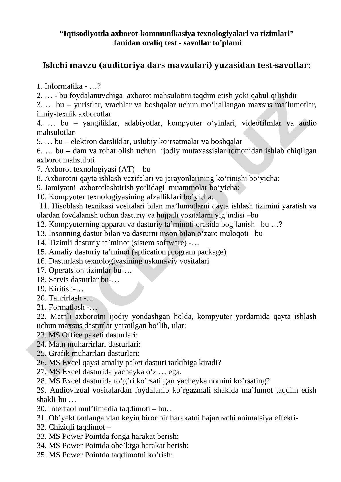 Iqtisodiyotda axborot-kommunikasiya texnologiyalari va tizimlari fanidan test savollari