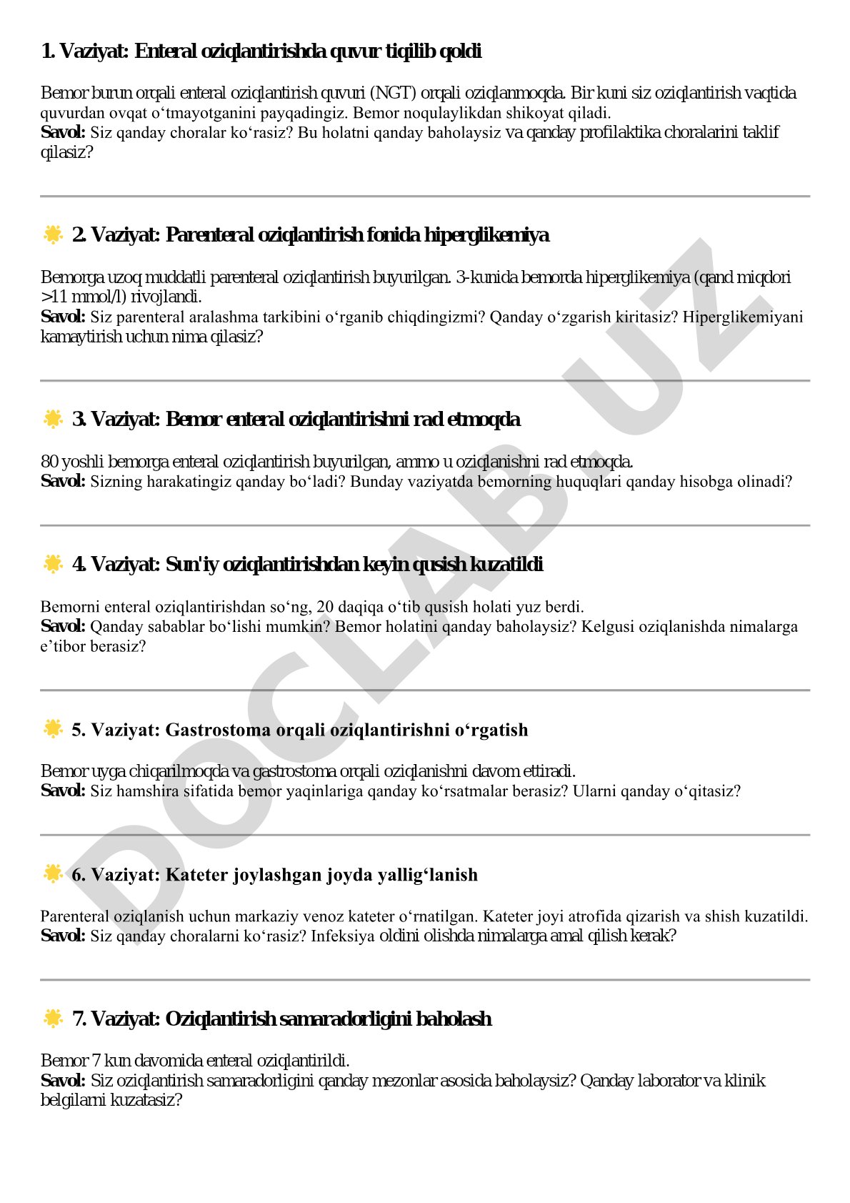 Enteral va parenteral oziqlantirishda klinik vaziyatlar