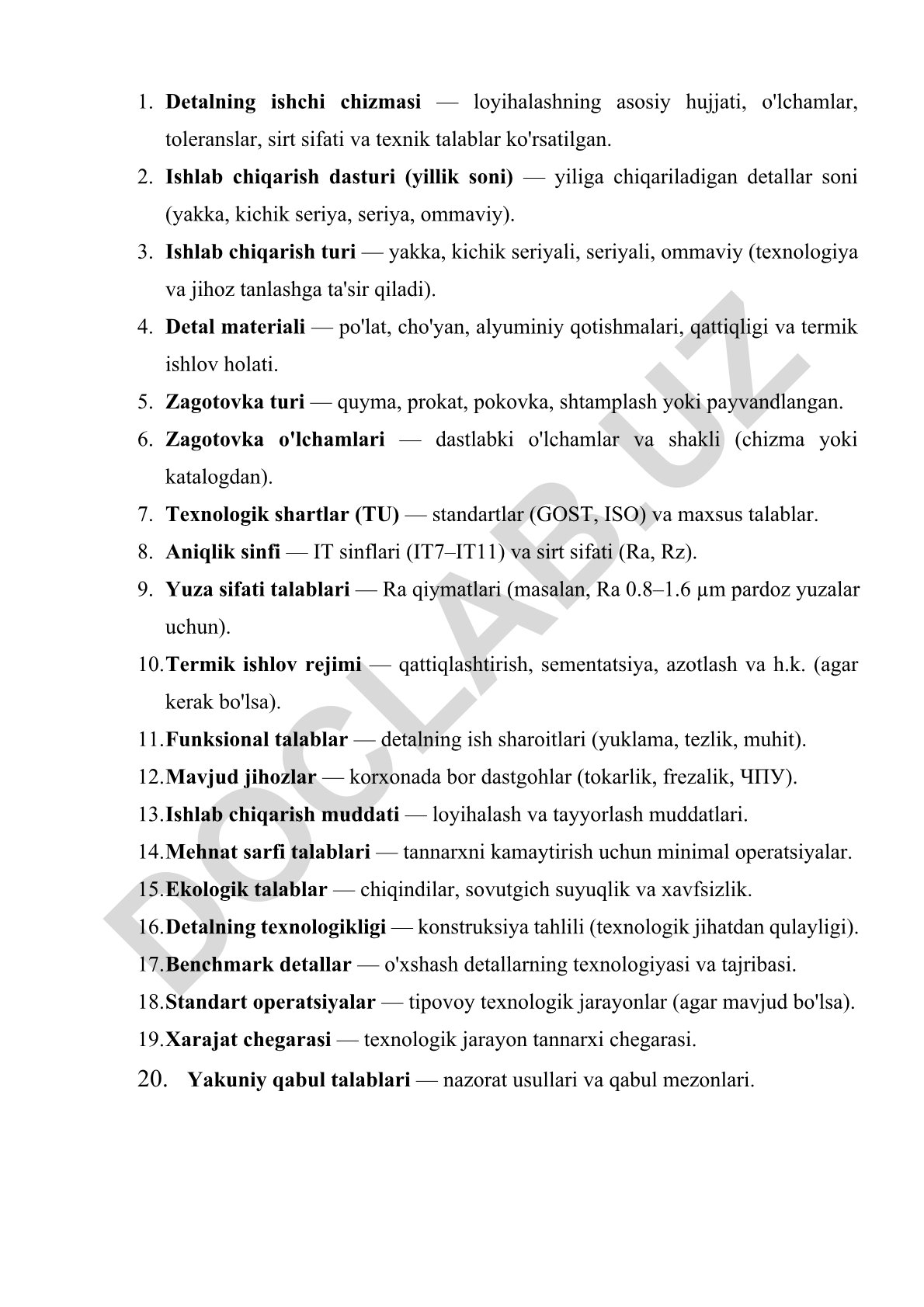 Detalning ishchi chizmasi va texnologik parametrlar