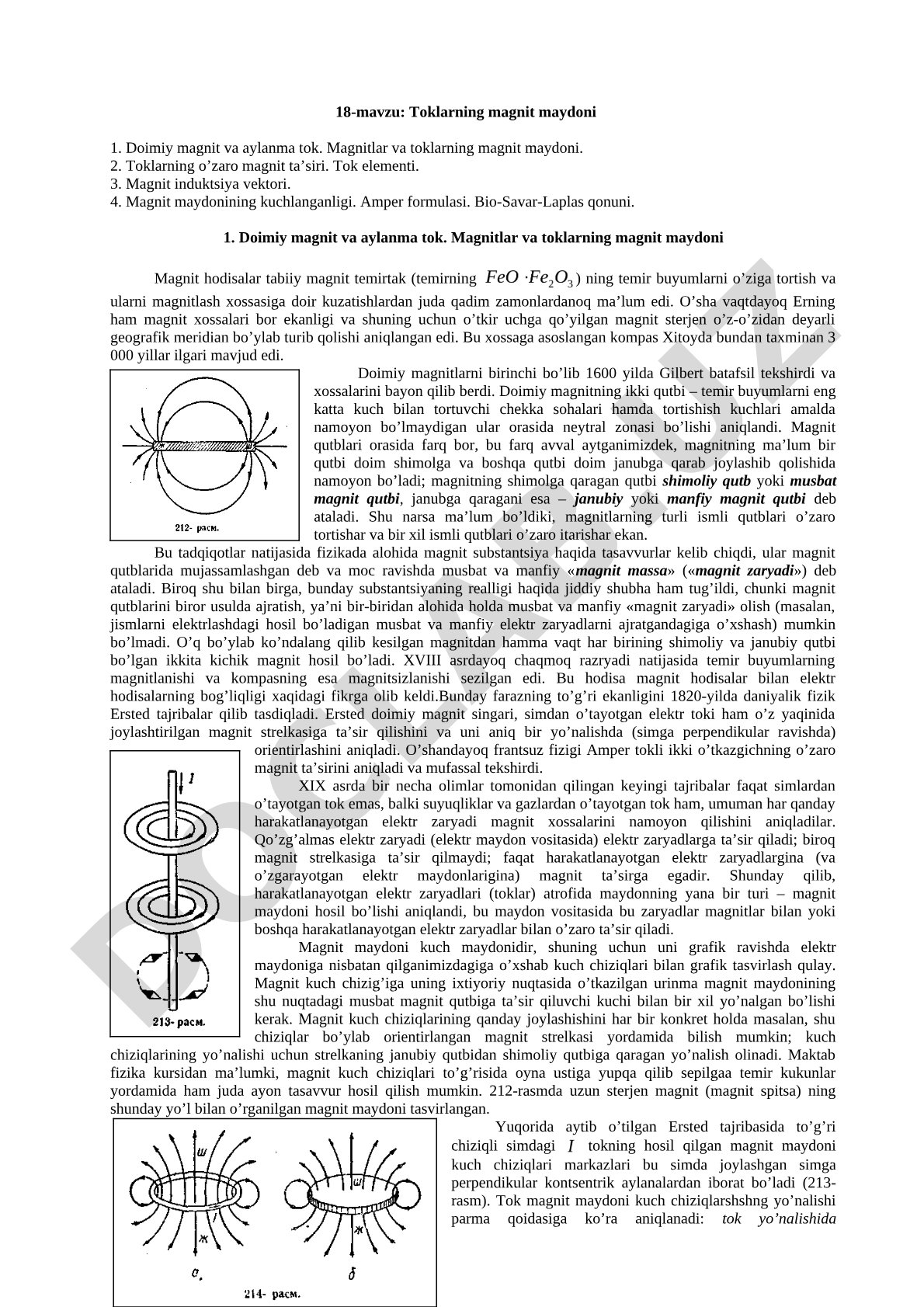 Magnit maydon, magnit induktsiya vektori, Amper formulasi, Bio-Savar-Laplas qonuni haqida