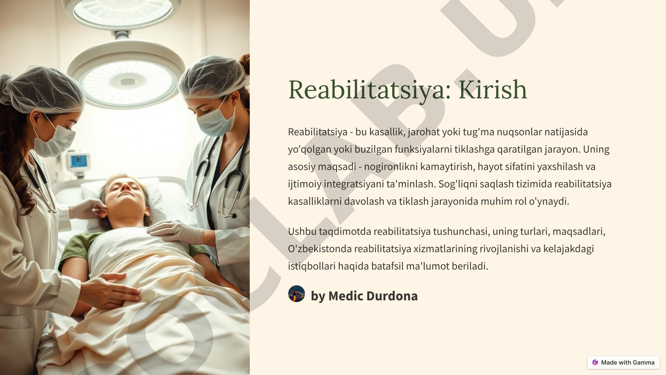 Reabilitatsiya tushunchasi, turlari, maqsadlari va O'zbekistondagi rivojlanishi