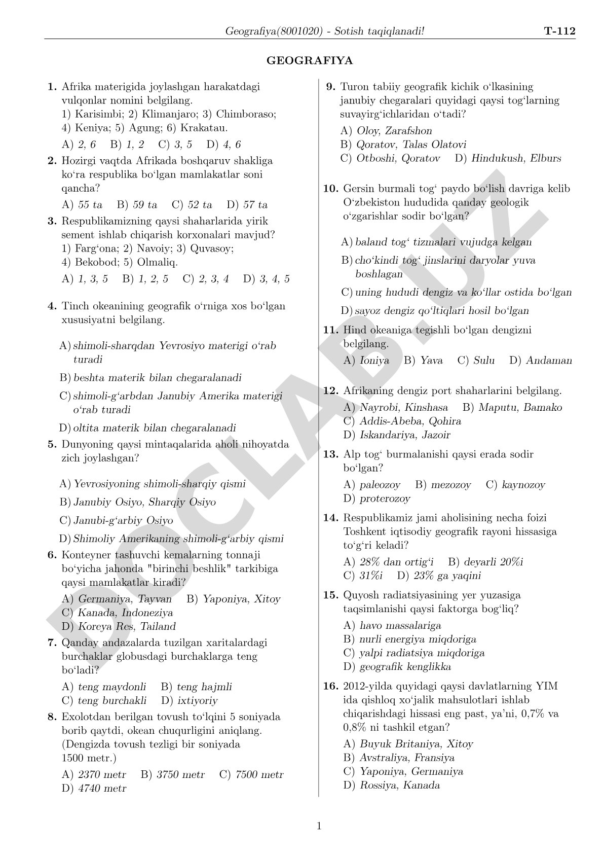 Geografiya fanidan test savollari