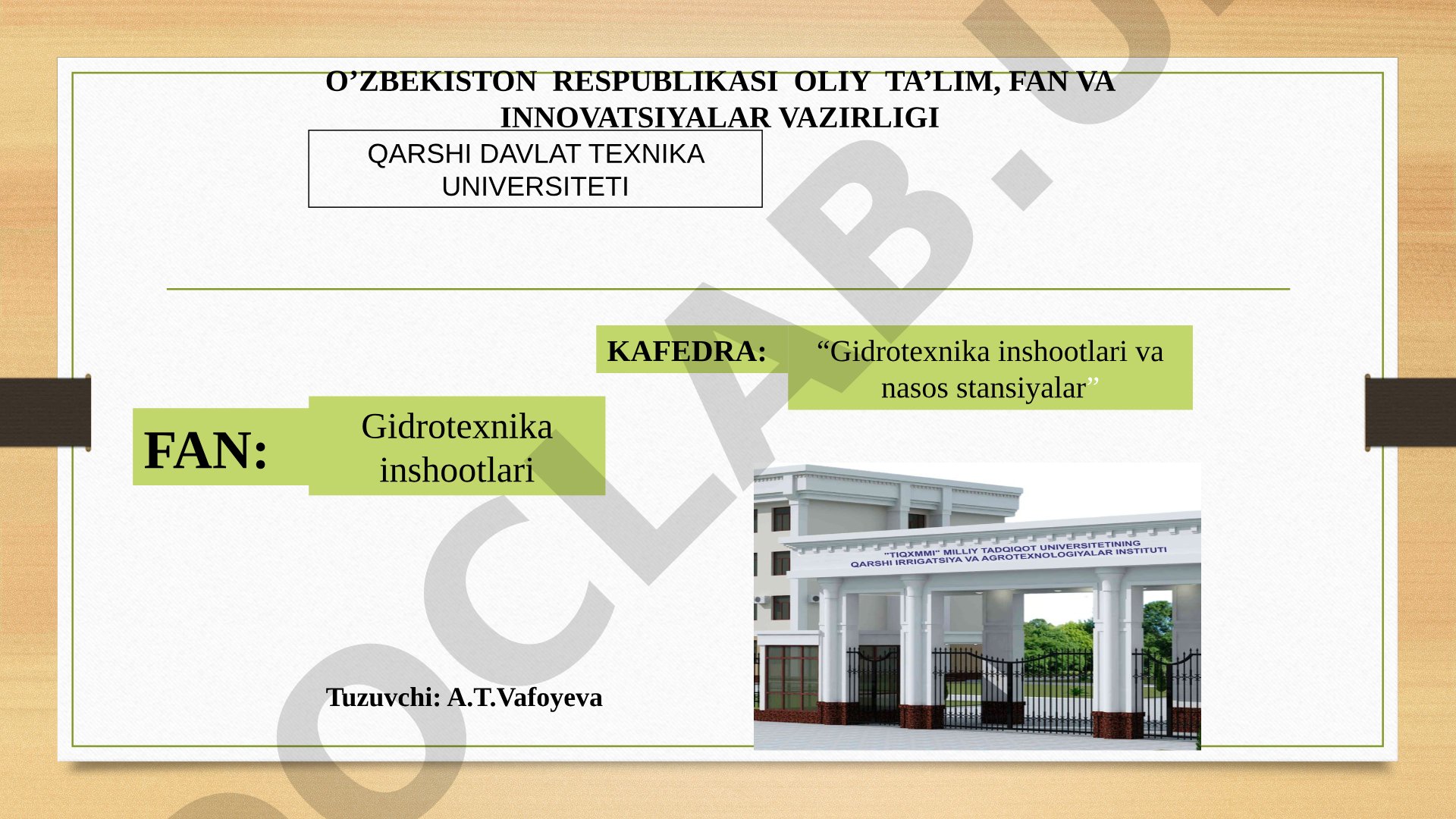 Kanaldagi ochiq rostlash inshooti pastki befining gidravlik hisobi. Suv urilma qudug‘ining o’lchamlari: quduq uzunligi va chuqurligi