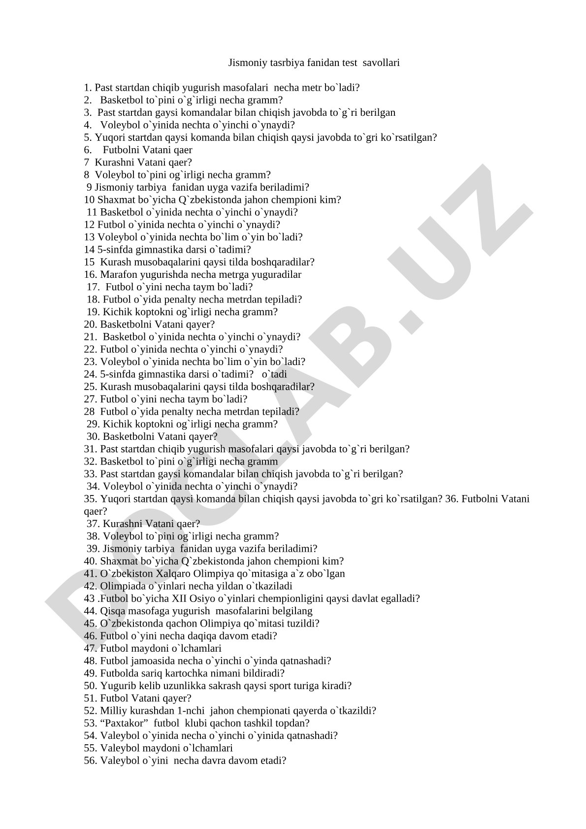 Jismoniy tasrbiya fanidan test savollari