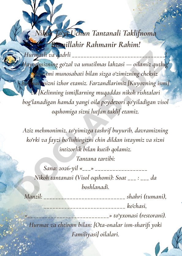 Nikoh to'yi uchun tantanali taklifnoma