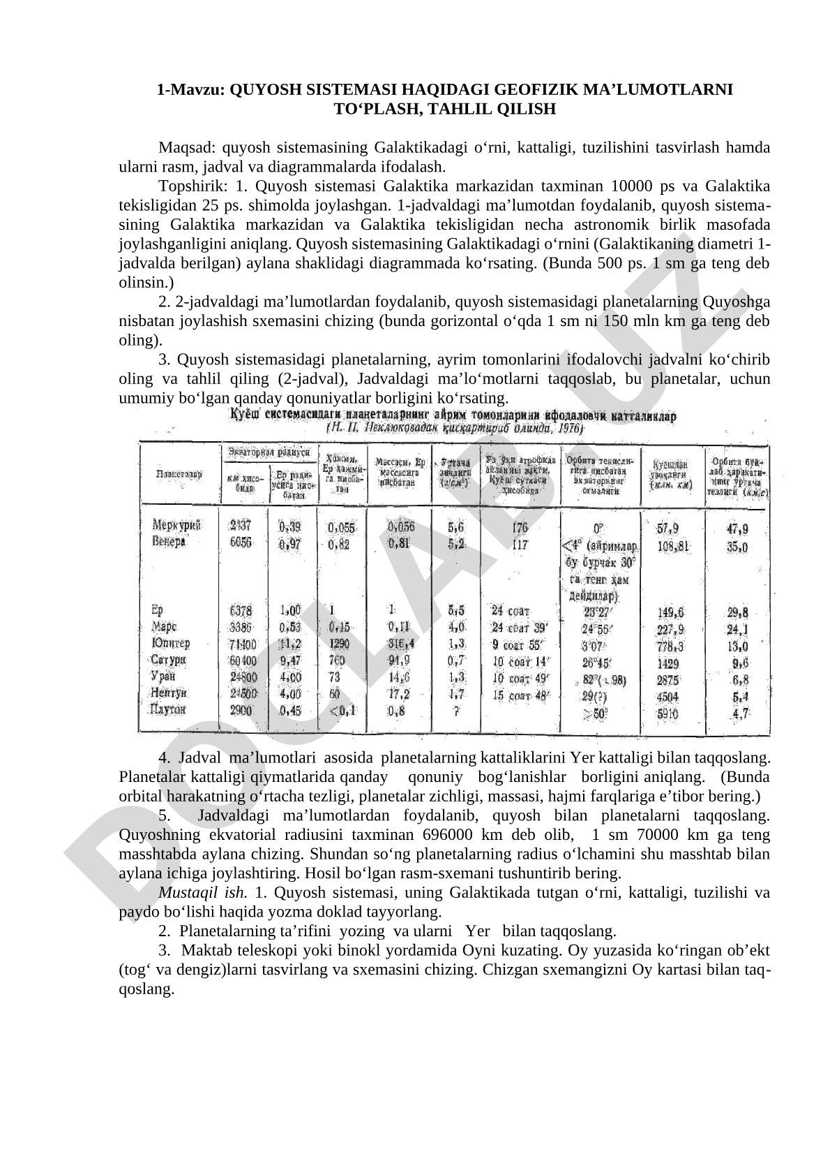 QUYOSH SISTEMASI HAQIDAGI GEOFIZIK MA’LUMOTLARNI TO‘PLASH, TAHLIL QILISH