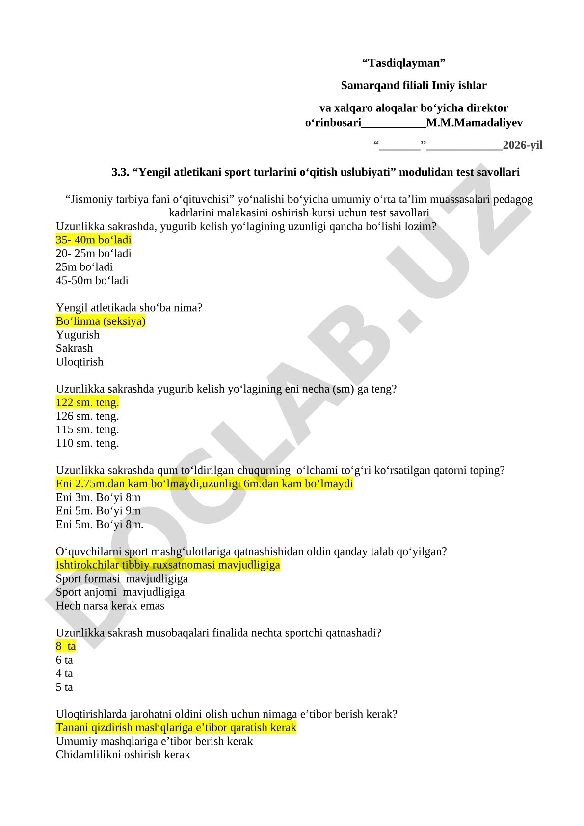 Yengil atletikani sport turlarini o‘qitish uslubiyati modulidan test savollari