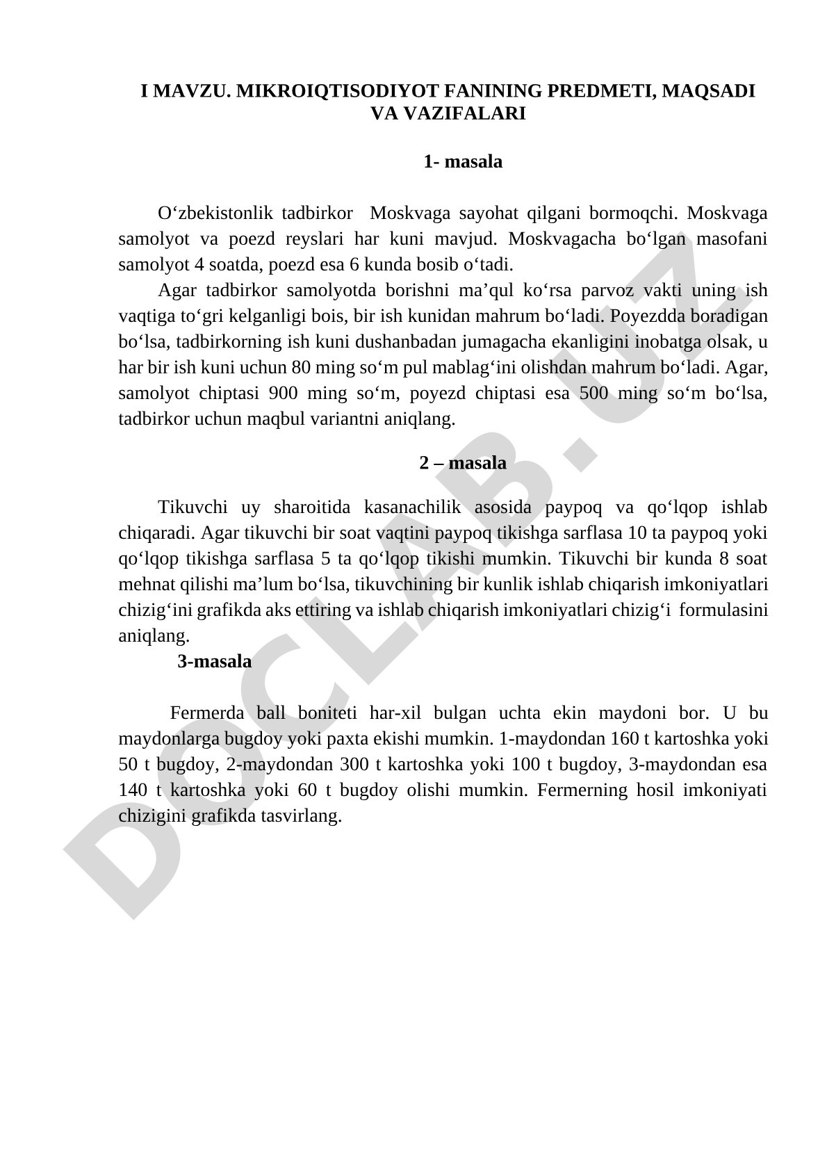 Mikroiqtisodiyot fanining predmeti, maqsadi va vazifalari