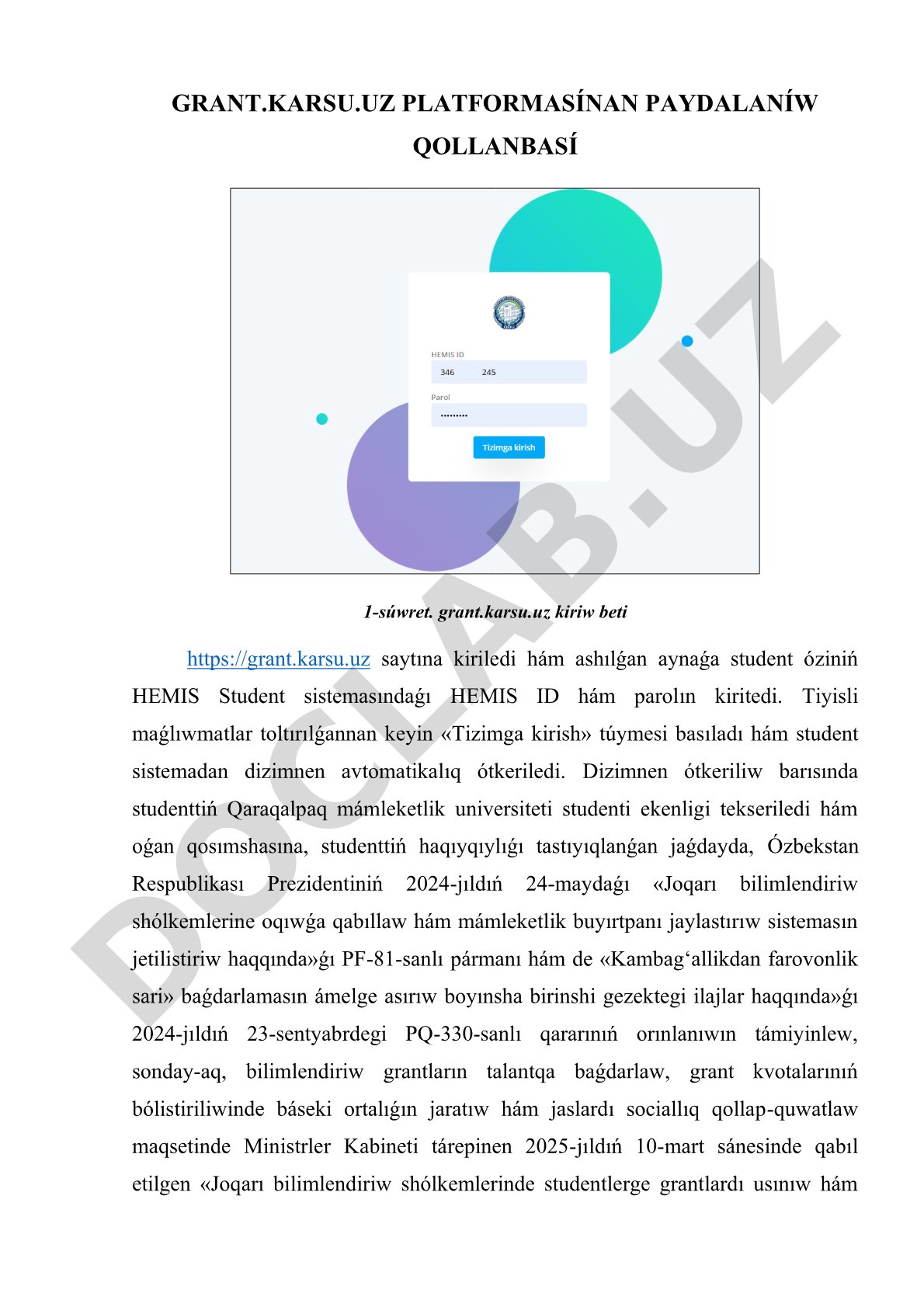 Grant.Karsu.Uz platformasınan paydalanıw qollanbası