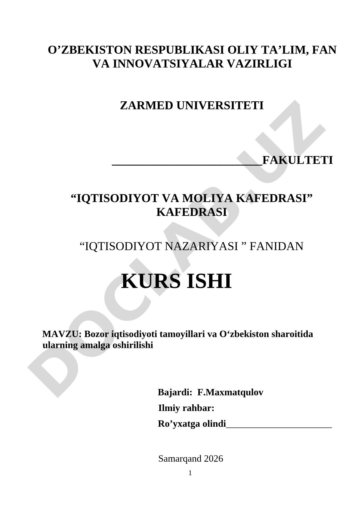 Bozor iqtisodiyoti tamoyillari va O‘zbekiston sharoitida ularning amalga oshirilishi