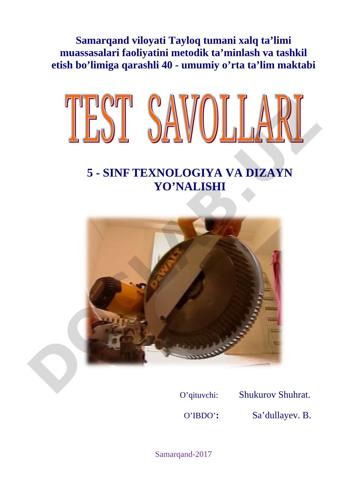 5-sinf texnologiya va dizayn yo'nalishi nazorat ishi test
