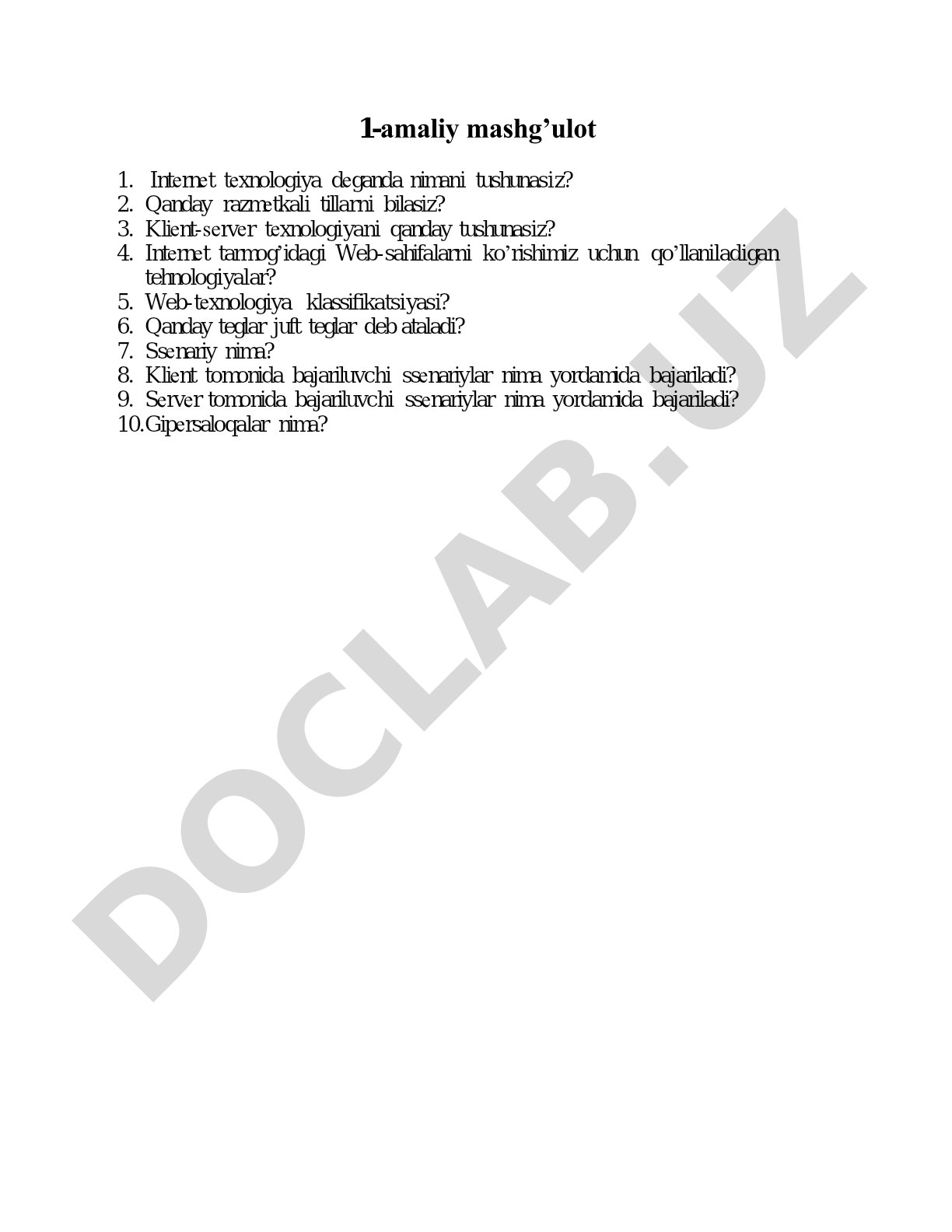 Internet va Web texnologiyalari bo'yicha savollar
