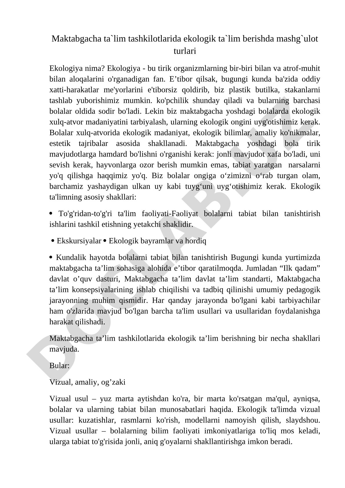 Maktabgacha ta`lim tashkilotlarida ekologik ta`lim berishda mashg`ulot turlari