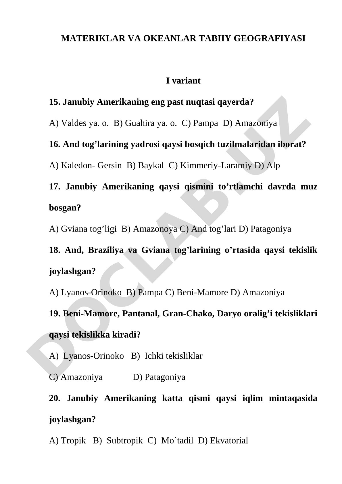 MATERIKLAR VA OKEANLAR TABIIY GEOGRAFIYASI I variant