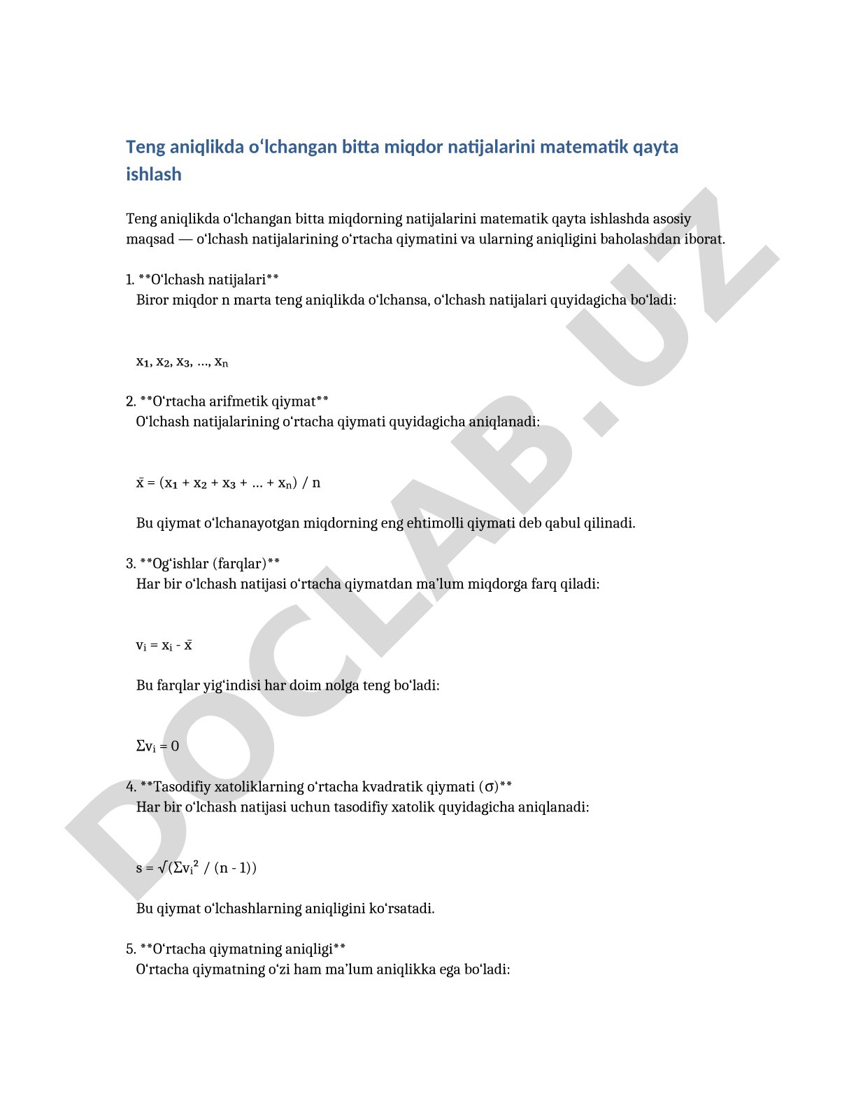 Teng aniqlikda o‘lchangan bitta miqdor natijalarini matematik qayta ishlash