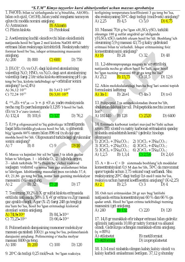 Kimyo fanidan test savollari to'plami