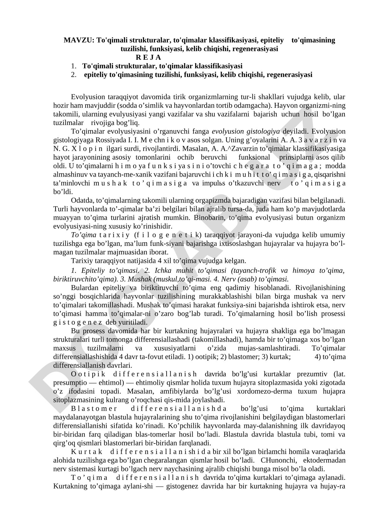 To'qimali strukturalar, to'qimalar klassifikasiyasi, epiteliy to'qimasining tuzilishi, funksiyasi, kelib chiqishi, regenerasiyasi