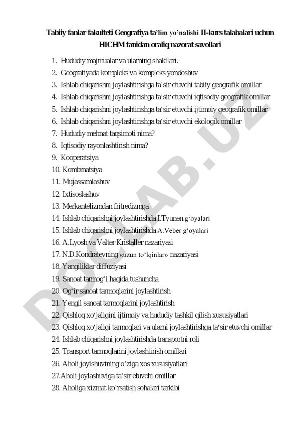 HICHM fanidan oraliq nazorat savollari