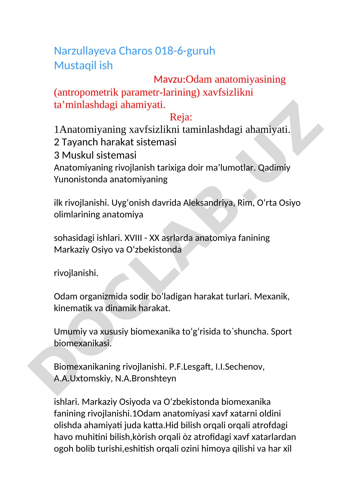 Odam anatomiyasining (antropometrik parametrlarining) xavfsizlikni ta'minlashdagi ahamiyati