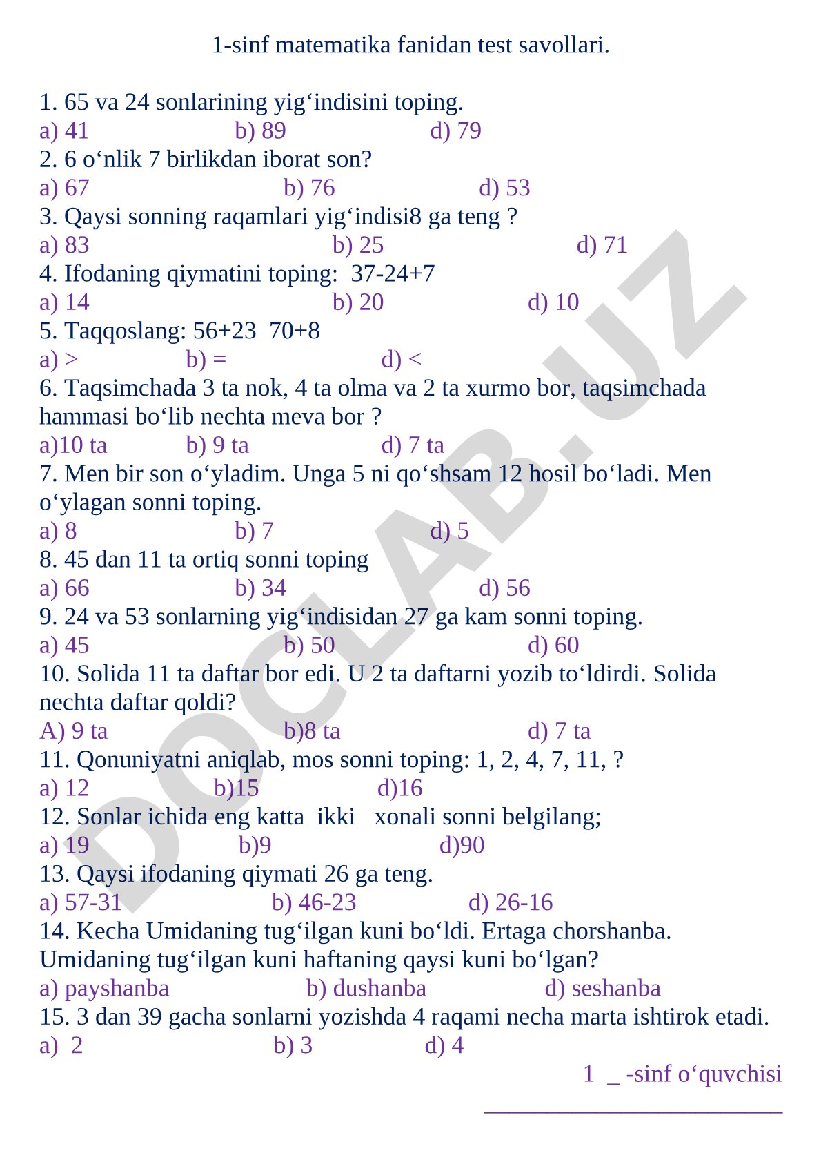 1-sinf matematika fanidan test savollari