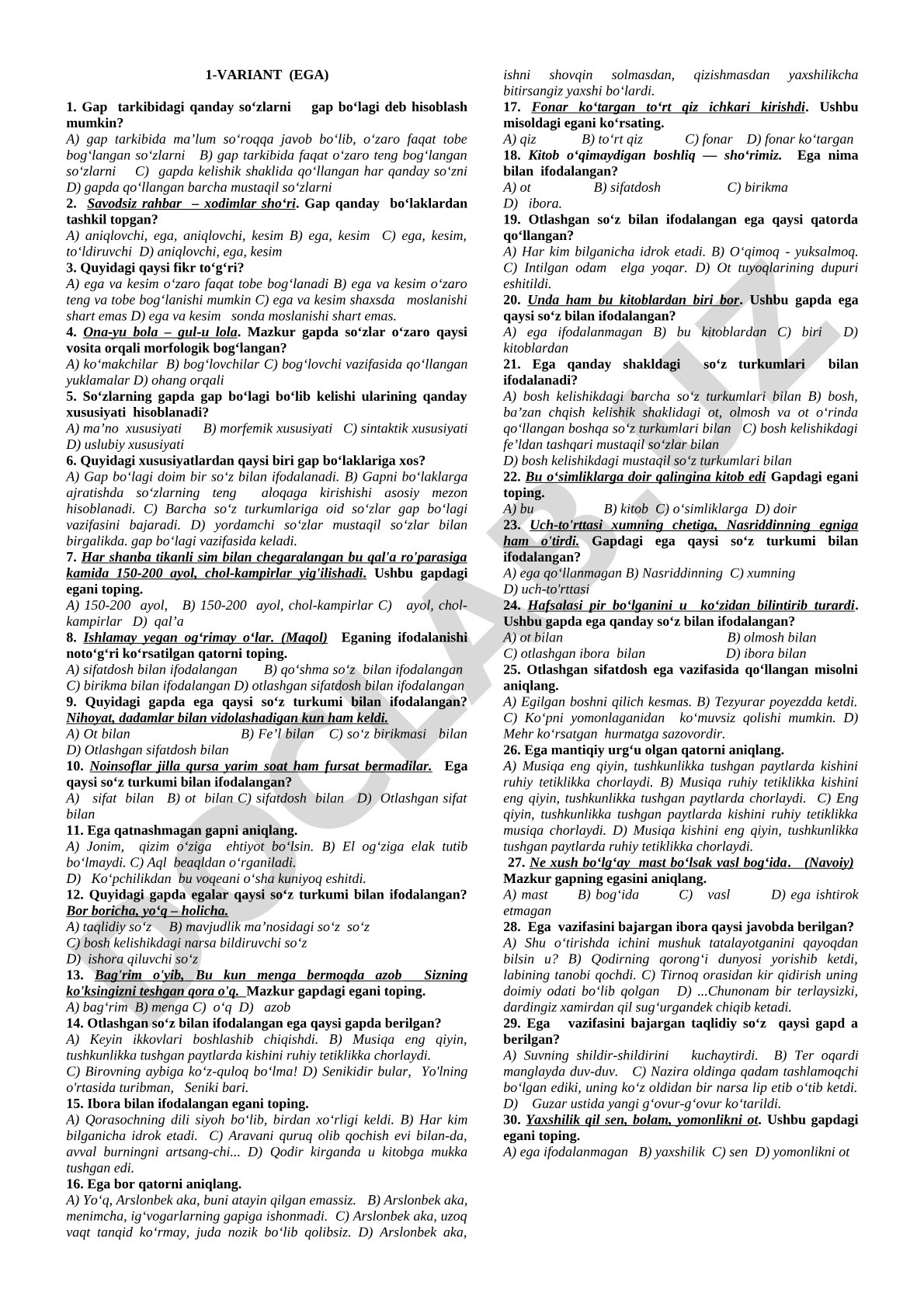 Gap bo‘laklari haqida test savollari