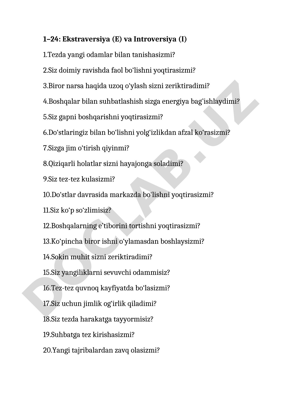 Ekstraversiya va Introversiya testi savollari