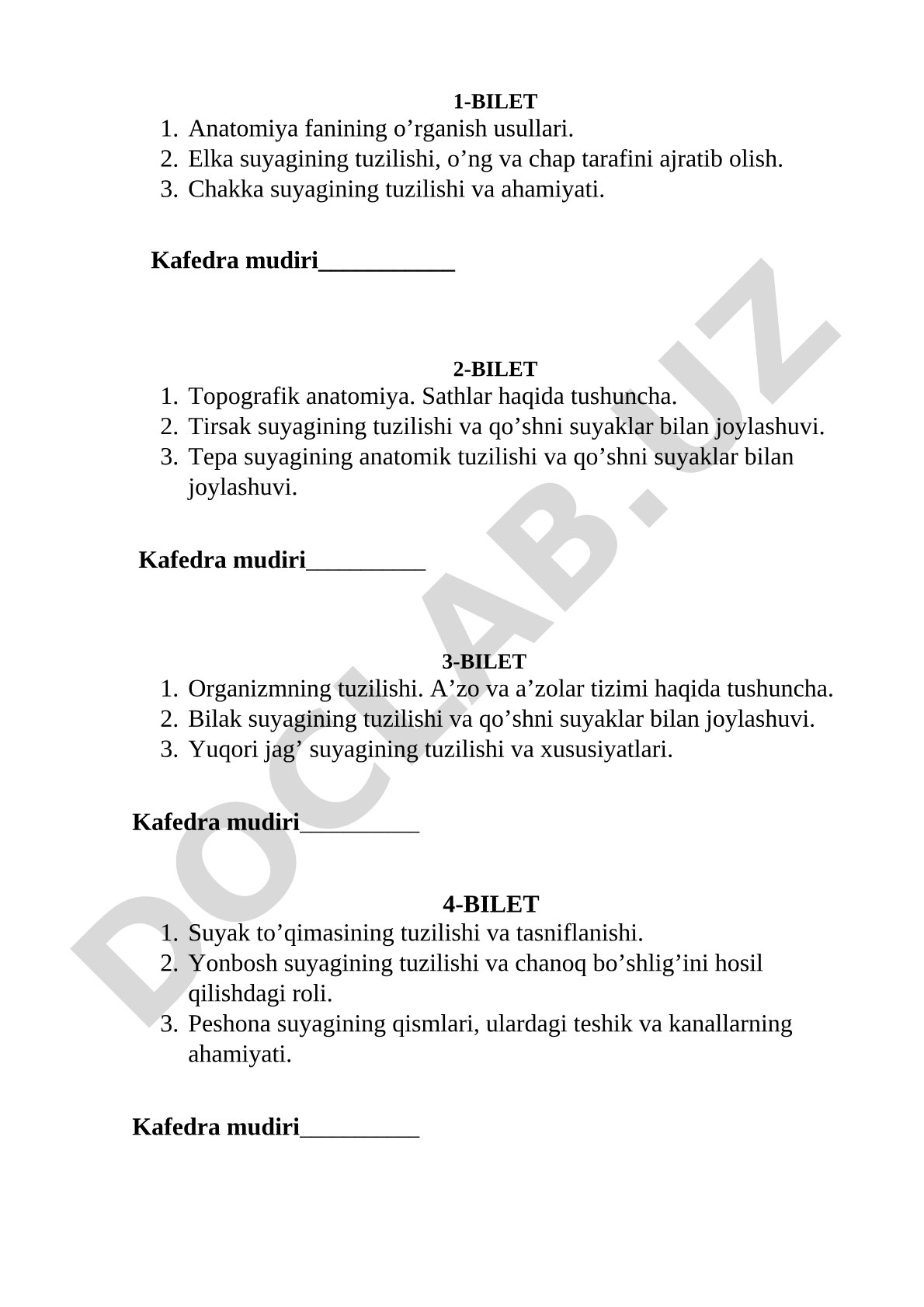Anatomiya fanidan biletlar