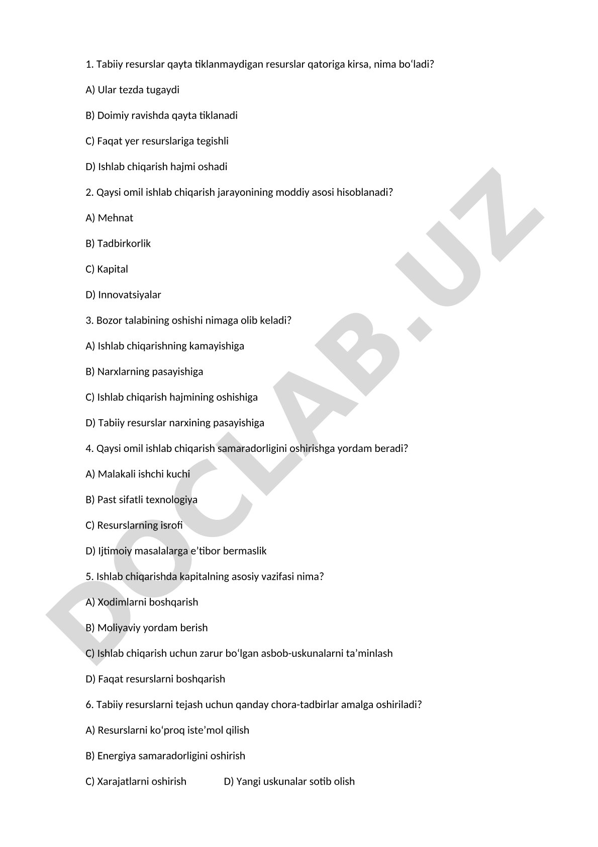 Tabiiy resurslar va ishlab chiqarish omillari testi