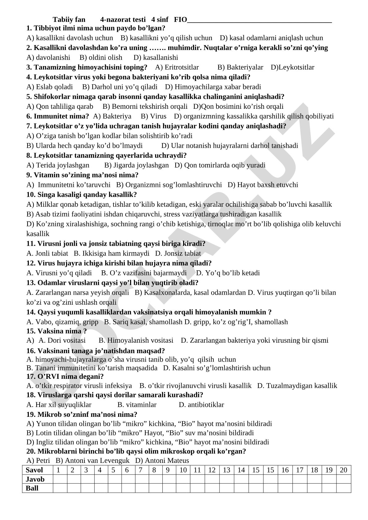 Tabiiy fan 4-nazorat testi