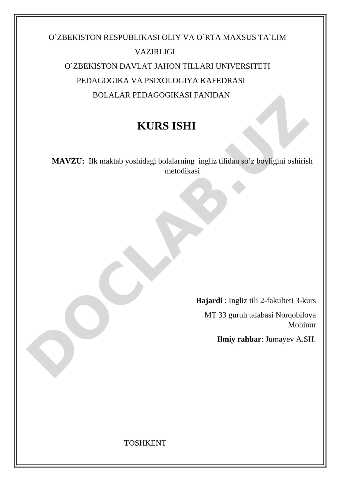 Ilk maktab yoshidagi bolalarning ingliz tilidan so'z boyligini oshirish metodikasi