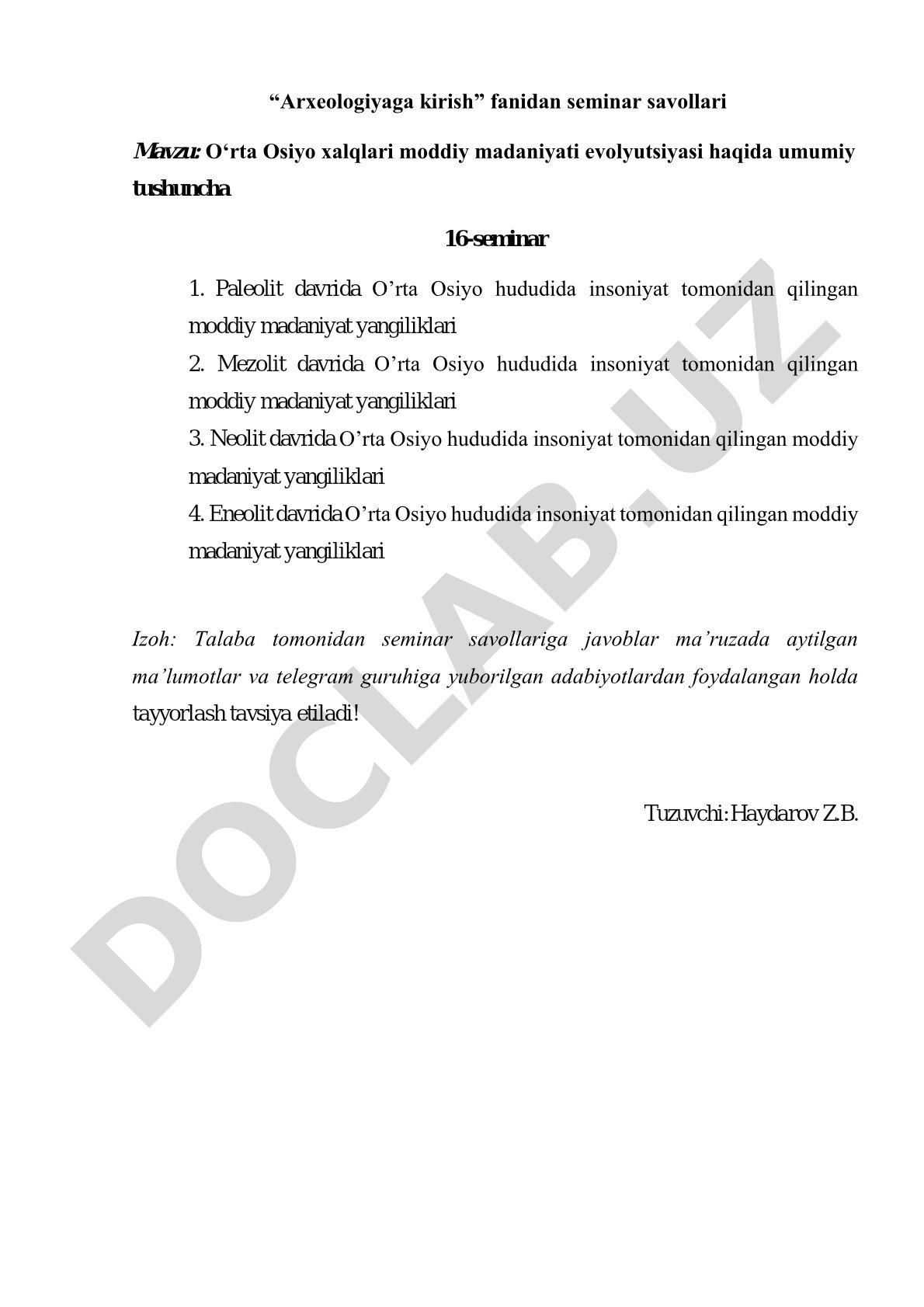 O‘rta Osiyo xalqlari moddiy madaniyati evolyutsiyasi haqida umumiy tushuncha