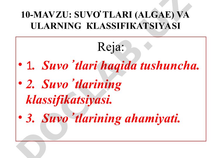 Suvo'tlari (Algae) va ularning klassifikatsiyasi
